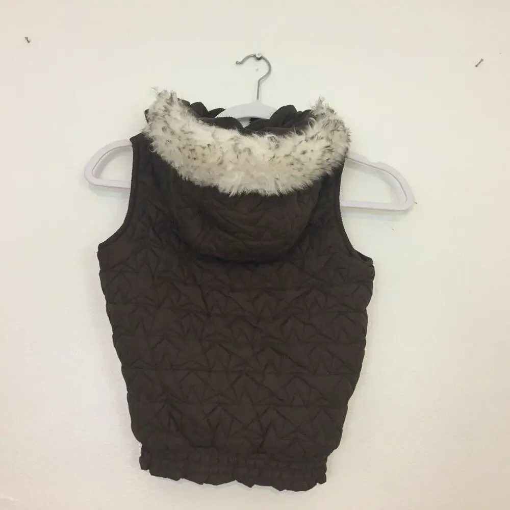 Y2K Gymboree Girl Vest Size M (7/8) Faux Fur Trim Jacket Quilt Brown Hoodie